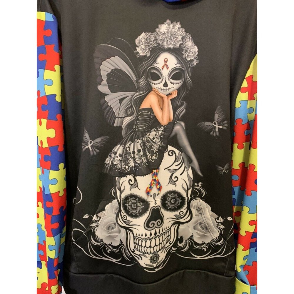 WOMEN'S XL SKULL Butterfly Girl Print HOODIE‎ SWEATSHIRT OUTERWEAR BUTTERFLIES